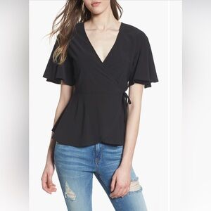 Leith Flounce Sleeve Faux Wrap Top Small Black